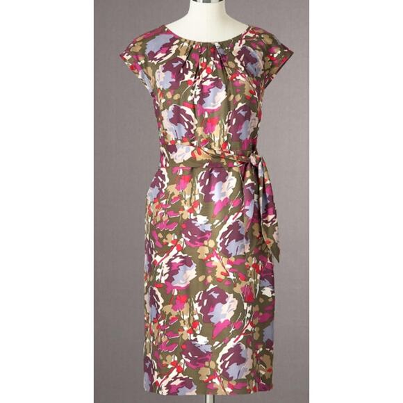 Boden US 8 Long Womens Purple Floral Cap Sleeve Tie Waist  Sheath Dress - Picture 1 of 8